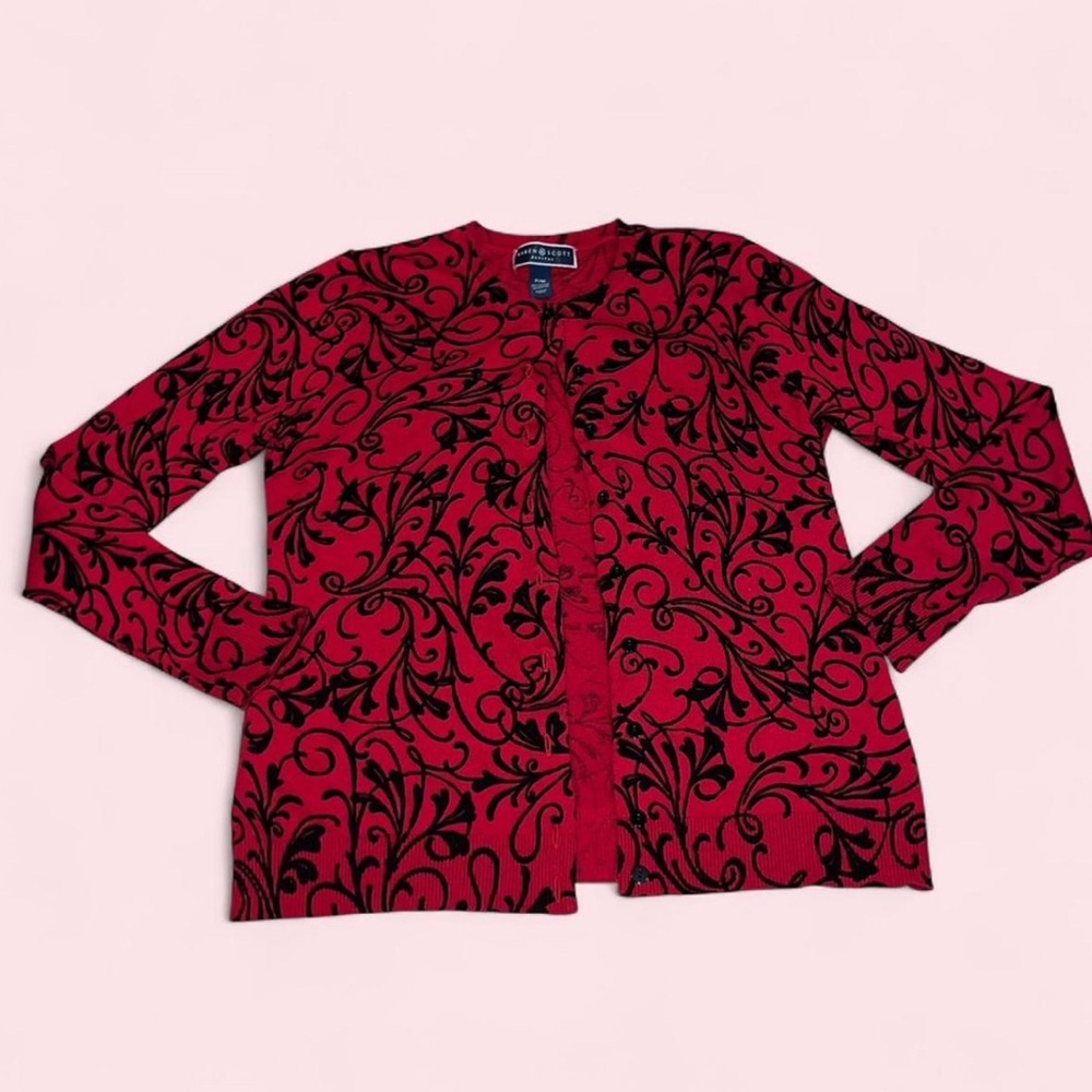 Whimsygoth Red and Black Swirl Vine Patterned Button Down Cardigan